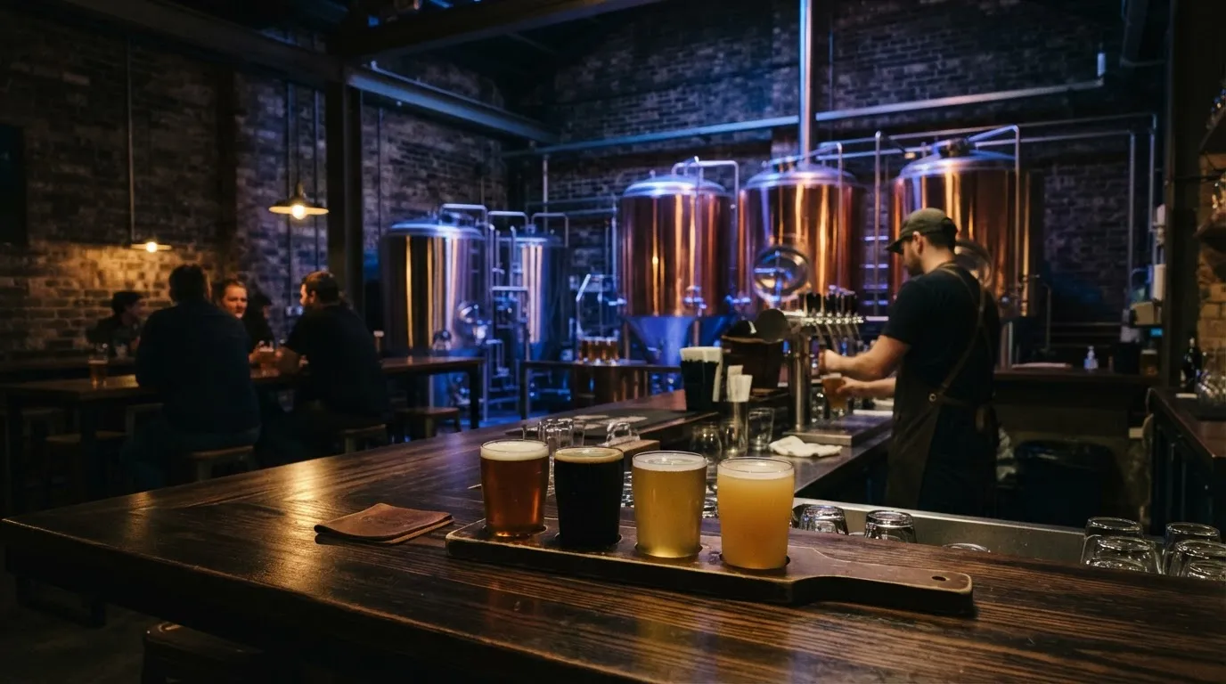 Interior of a premium Auckland craft brewery with copper tanks and craft beer flight on dark wood counter