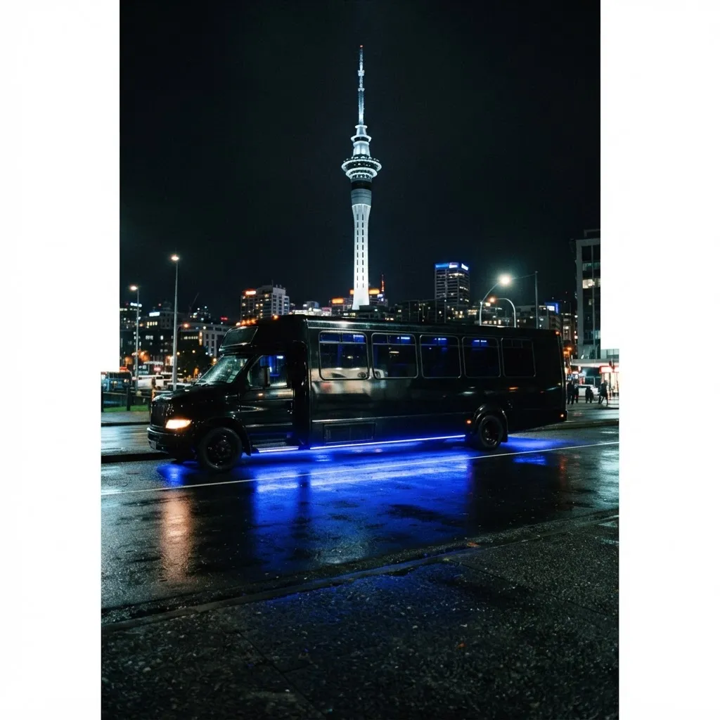 Sleek black party bus parked at night in front of the Auckland Sky Tower with cobalt blue underglow lighting