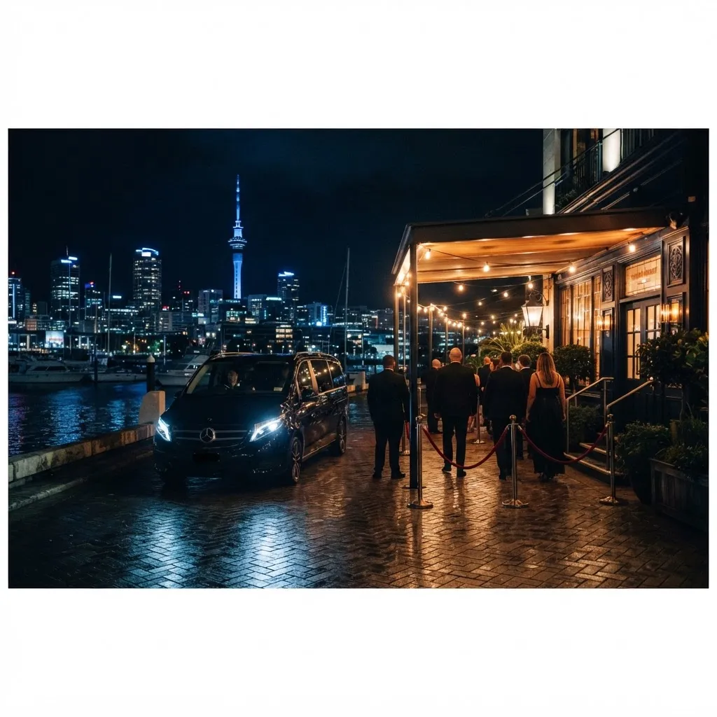 Auckland Viaduct Harbour venue entrance at night with a private rope line and a black SUV waiting at the curb