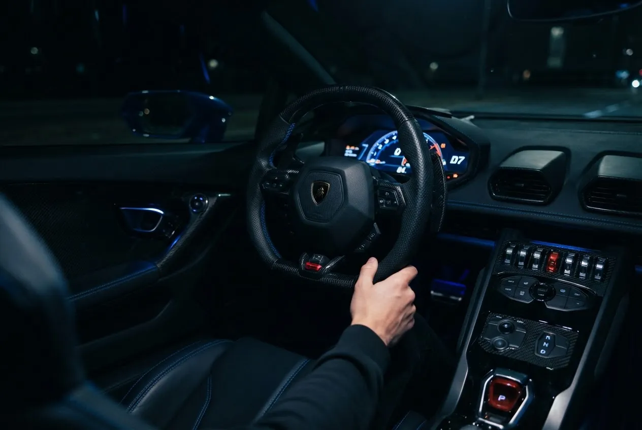 Close-up of supercar steering wheel and premium leather interior with cobalt blue ambient lighting