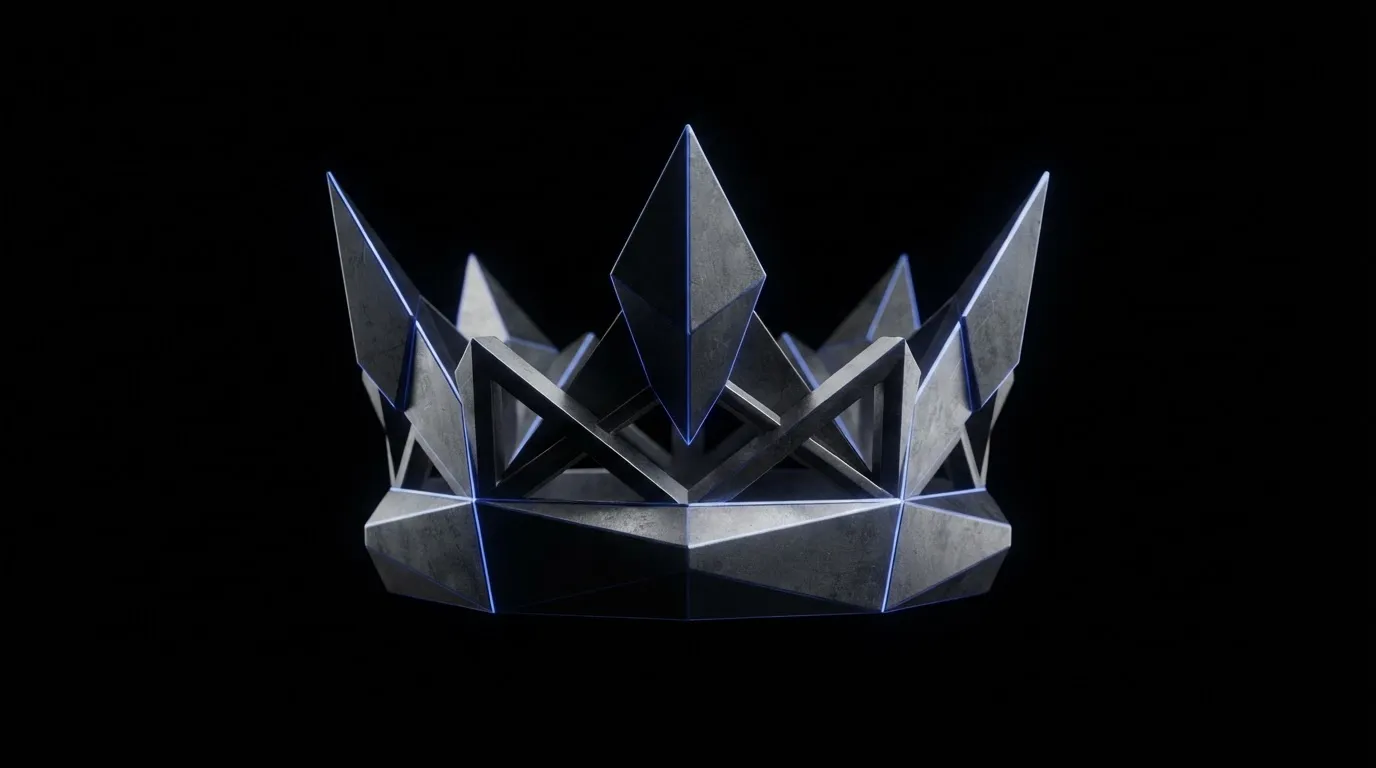Brutalist 3D render of a geometric crown symbol with metallic foreground finish and primary blue edge highlights
