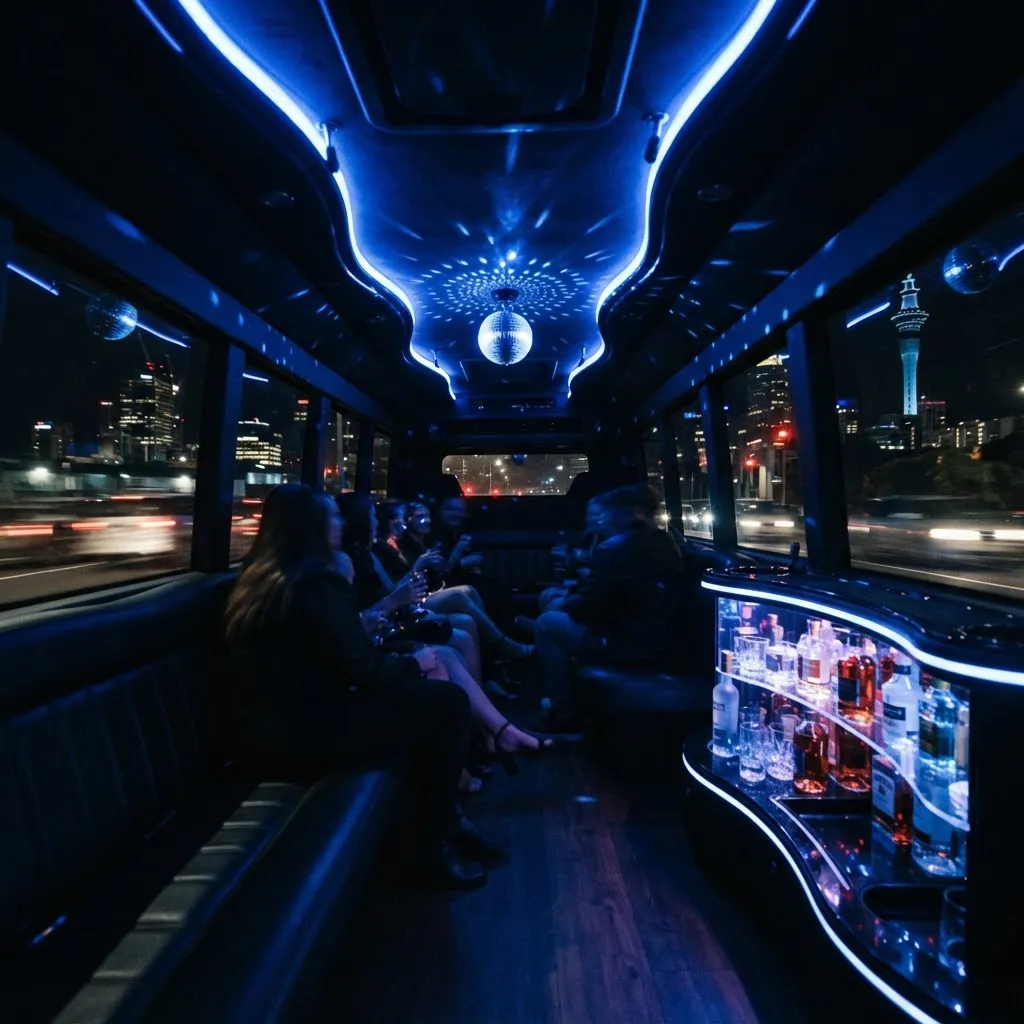 Interior of a premium party bus at night with neon cobalt blue lighting, leather seating, and a mini bar